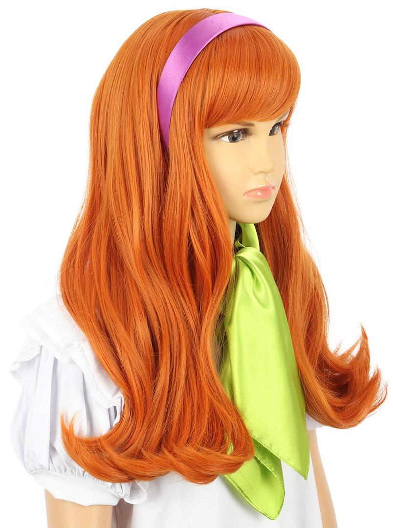 karlery Kids Girls Long Curly Orange Wig with Bangs Halloween Cosplay Costume Wig (Free Purple Headband and Wig Cap)