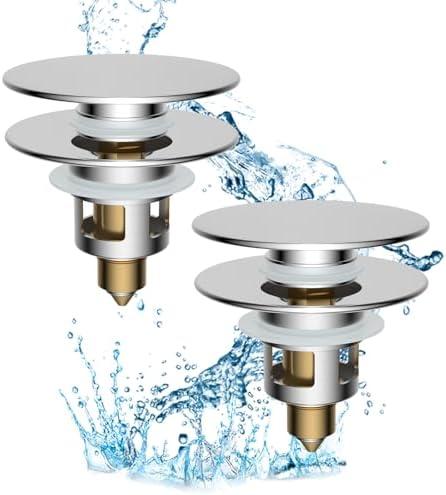 Hibbent 2 Pack All Metal Upgraded Bathroom Sink Stopper, Universal Pop Up Sink Drain Strainer, Brass Bullet Core Push Type Sink Stopper for 1.1''~2.3''' Basin, Anti Clogging Drain Filter, Chrome