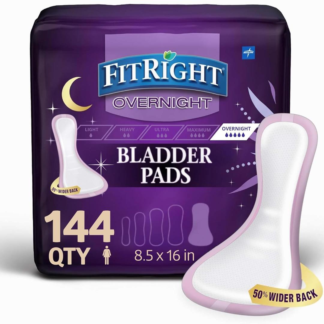 Medline FitRight Overnight Bladder Control Pads, Maximum Absorbency, Nighttime Incontinence Protection, 8.5 x 16, 24 Count per Bag (6 Bags)
