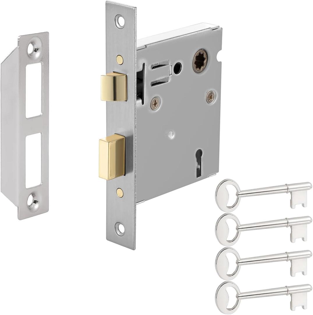 Upgraded Mortise Lock Replacement Parts, Vintage Old Style Indoor Mortise Lock Assembly Kit with Antique Skeleton Keys and Reversible Latch Bolt, Mortise Lock Set Interior Door Satin Nickel