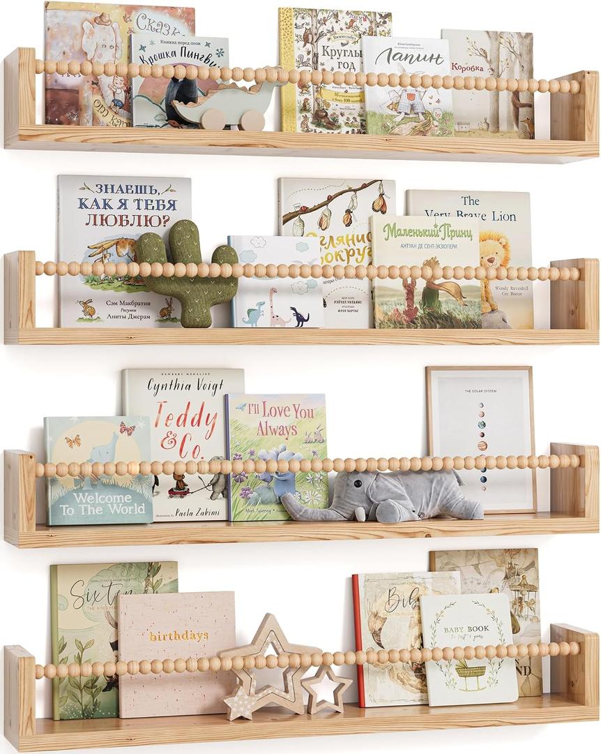 Nursery Floating Shelves for Wall Set of 4, Wooden Nursery Book Shelves, Baby Room Wall Shelves for Nursery Decor, Kids Bookshelf for Bedroom, Girl & Boy Nursery Decor (Wood, 23 Inches)