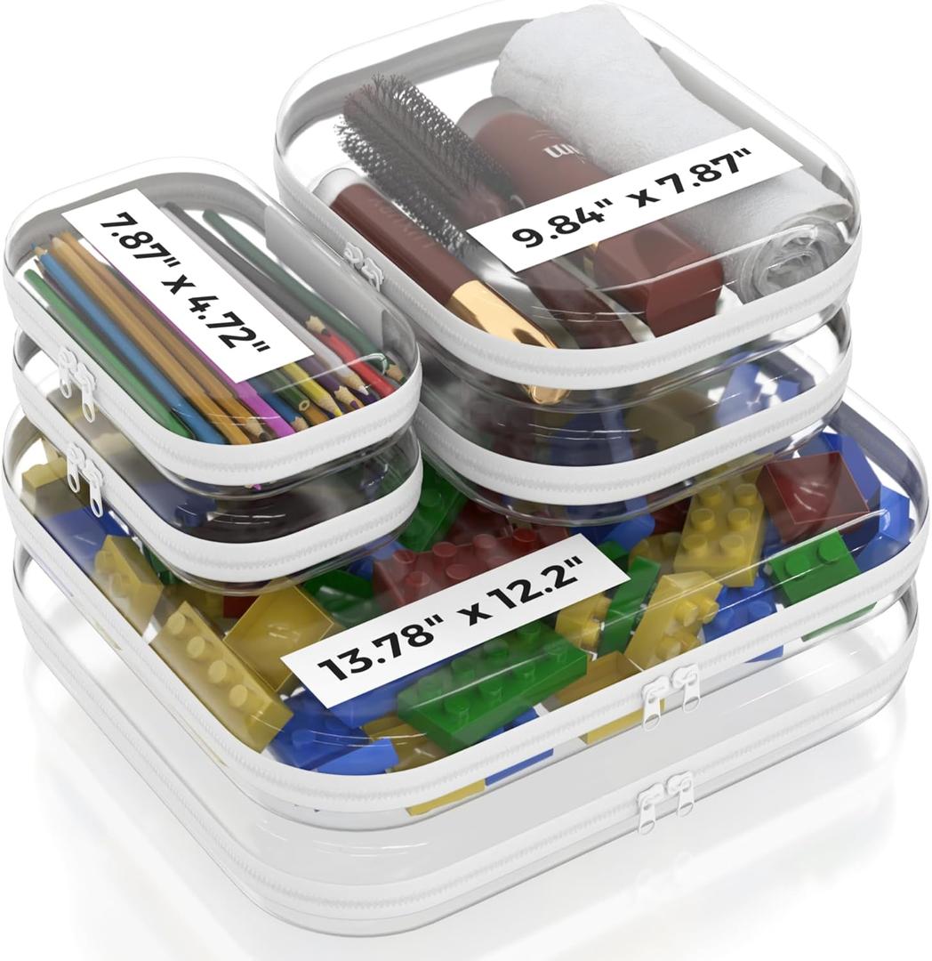 Extra Large 13.7" Durable Clear Hard Shell Zipper Case 6 Pack, 2x Large, 2x Medium, 2x Small, Clear Travel Makeup Case, Hard Plastic Travel Toiletry & Cosmetic Bag, Toy & Make Up Organizer Pouch (White)