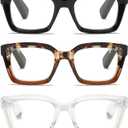 3 Pack Oversize Square Design Reading Glasses for Women, Blue Light Blocking Reader (Black&leopard&transparent)