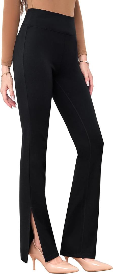 Houmous 31'' Inseam Women High Waist Split Hem Flare Work Pants with Pockets Stretchy Pull On Long Pant Casual Slack (Small, Black)