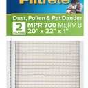 Filtrete 20x22x1 AC Furnace Air Filter, MPR 700, MERV 8, Tough on Pollen, Easy on Airflow, 3-Month Pleated 1-Inch Electrostatic Air Cleaning Filter, 2-Pack (Actual Size 19.81 x 21.81 x 0.81 in)