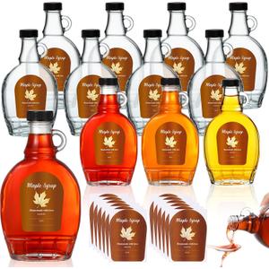 Maxdot 12 Pcs 8 oz Glass Maple Syrup Bottles Clear Reusable Glass Bottles with Lids, Loop Handle and 12 Pcs Maple Syrup Stickers Clear Jars Container for Oil Sauce Milk Juice Storage Gift