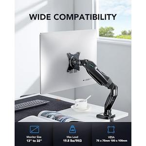 HUANUO Single Monitor Mount, 13 to 32 Inch Gas Monitor Arm, Adjustable Stand, Vesa Mount with Clamp and Grommet Base - Fits 4.4 to 19.8lbs LCD Computer Monitors