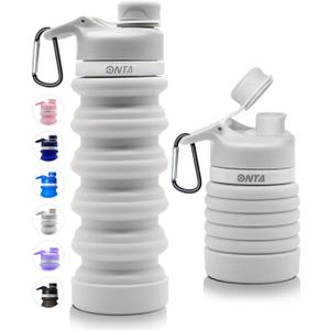 ONTA Collapsible BPA Free Silicone Water Bottle, 20oz - Portable, Leakproof, Easy Clean, Shatter Resistant, Travel Friendly (Grey)