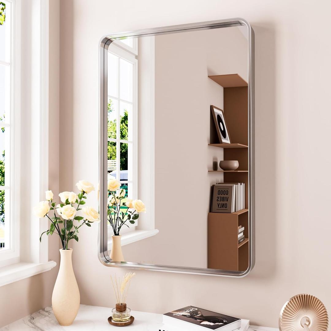 Brushed Nickel Bathroom Mirror 28x36 Inch, Brushed Silver Metal Frame Mirror Wall Mounted, Rounded Rectangle Bathroom Vanity Mirror, Tempered Glass, Anti-Rust, Horizontal/Vertical (28"L x 36"W)