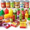 JOYIN 30Pcs Play Food Grocery Cans, Play Kitchen Accessories, Includes Drink, Juice, Jar, Seasoning, Water Bottle, Sauce, Yogurt, Ice Cream, Snack Box, Kids Gifts & Indoor Toys