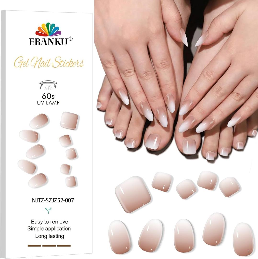 EBANKU Semi-Cured Gel Toenail Strips, 52PCS Nude Ombre Pedi Nail Wraps & Gel Stickers, Long Lasting, Easy to Use - Includes Prep Pads, Nail File & Stick