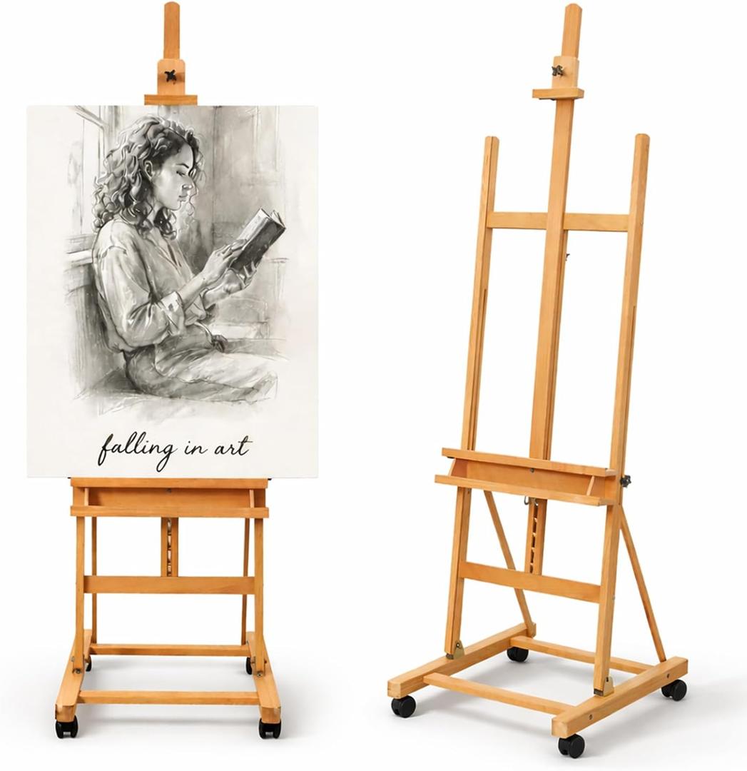 Falling in Art Large H-Frame Studio Artist Easel, Adjustable Beechwood Painting Easel Stand, Movable Floor Easel Holding Canvas up to 51 Inches, Natural
