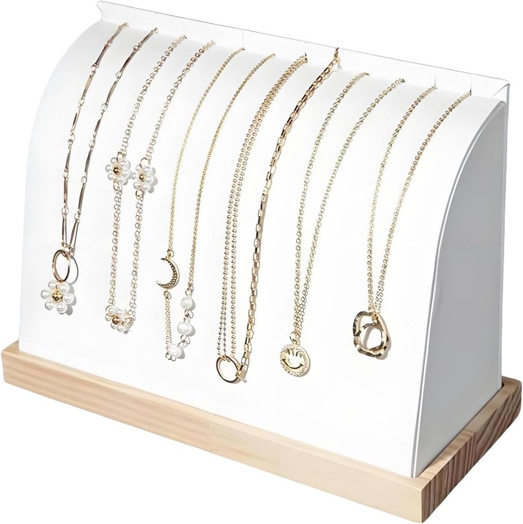 Cambered Necklace Display Stand with Leather Soft Mat Wood Jewelry Organizer Tabletop Display Holder for Necklaces, Choker Pendant (White)