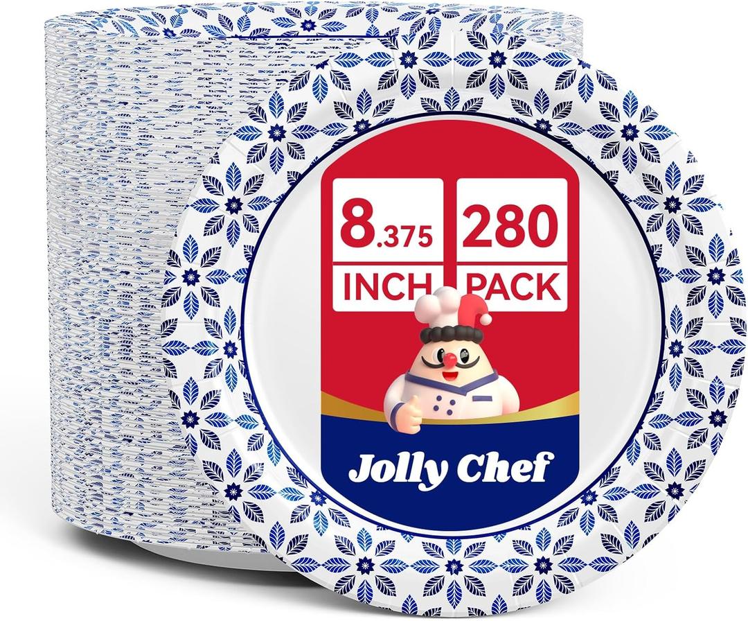 JOLLY CHEF 8.37 inch Paper Plates 280 Count Soak Proof, Cut Proof, Heavy Duty Printed Disposable Plate for Party or Everyday Use