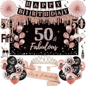 50th Birthday Decorations for Women, 33pcs 50th Birthday Crown and Sash, Black Rose Gold Happy 50th Birthday Banner Balloons Backdrop Hanging Swirls Paper Fans, 50 Years Old Birthday Decorations Kit