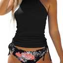 Women's Bathing Suit Solid Color Drawstring Side Halter Neck Tankini Set, Solid Black, S