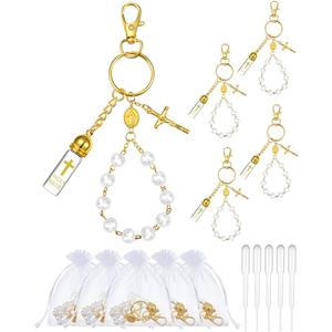 Blushtier 5 Set Holy Water Bottle Keychain with Rosary Bead Crucifix Organza Bags Catholic Gifts for Baptism Favors First Communion (Golden)
