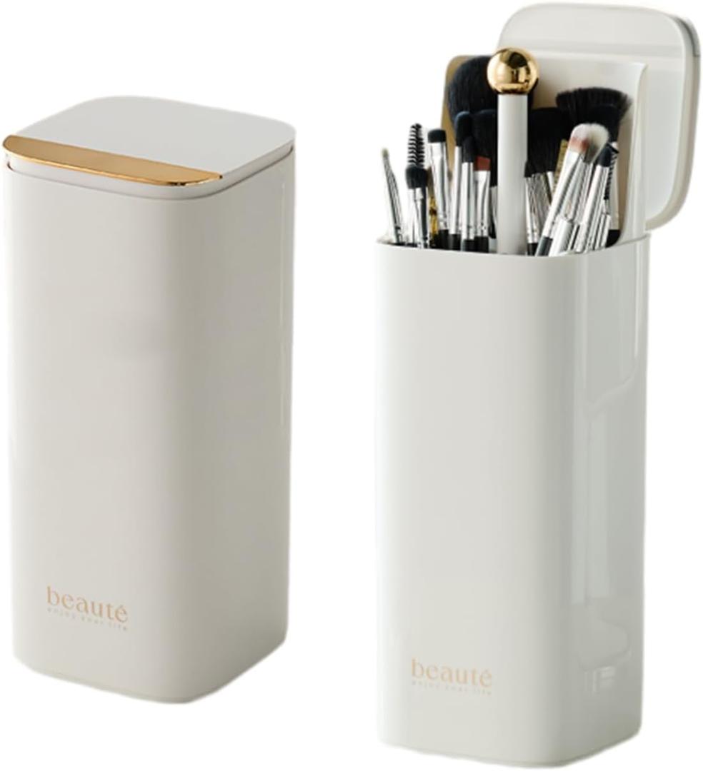Makeup Brush Holder with Lid, Automatic Lifting Waterproof Dustproof Makeup Brushes Organizer for Vanity Desktop Bathroom Countertop(White)