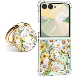 for Samsung Galaxy Z Flip 7 Case 5G Flower Slim Anti-Drop Shockproof Protective Soft Shockproof Clear Phone Protective Covers 6.85 Inch for Women Men (Sunshine Blossom with Holder)