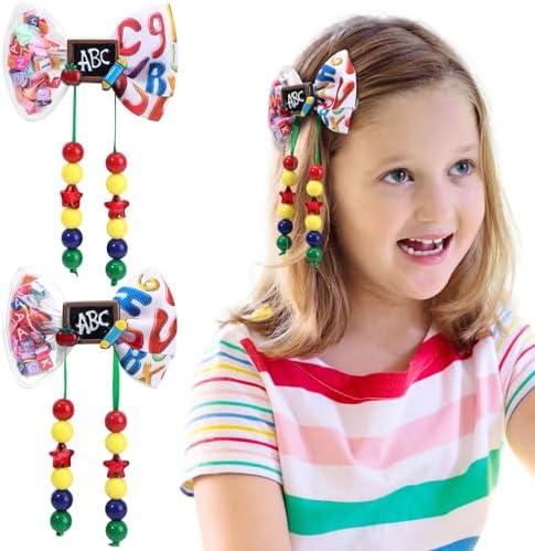 PABOBIT Back to School Hair Bow for Girls, 16 PCS Pencil Bow Clips, Yellow Pigtail Bows with Beads Schoolgirl Hair Accessories for Kids Teens(Beads)