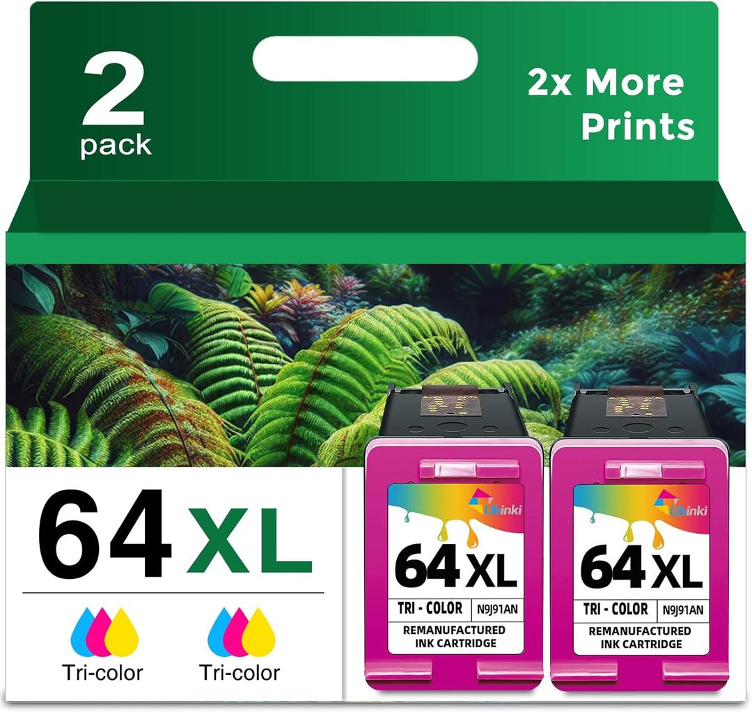 64XL Color Ink Cartridge Replacement for HP Ink 64 XL 64XL HP64 XL HP64XL (Tri-Color,2-Pack) Work with 7855 7858 7800 7155 7100 6255 6252 6232 7158 7164 7955e 7900e Tango Printers