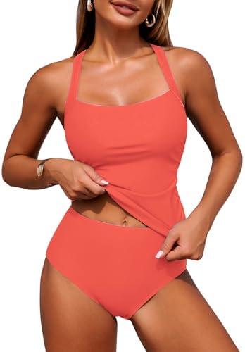 ZAFUL Women's Tankini Swimsuits Tummy Control Swimwear Two Piece Bathing Suits Swim Top with High Waisted Bottom. Small