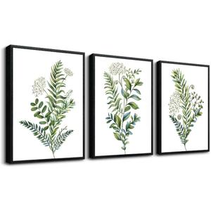 AHUASJART Large Wall Art For Living Room Bathroom Wall Decorations Kitchen Wall Decor Canvas Print Decor Modern Simple Bedroom Home Decor Green Leaves Poster Wall Paintings Black Framed 3 Pieces