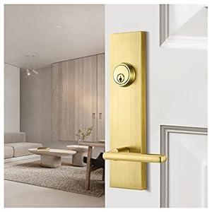 SNBTLA Satin-Brass Front Door Handle - Modern Entry Door Lock Set with Deadbolt, Exterior Door Lever 3 Keys for Left & Right Hand Door (Satin Brass)