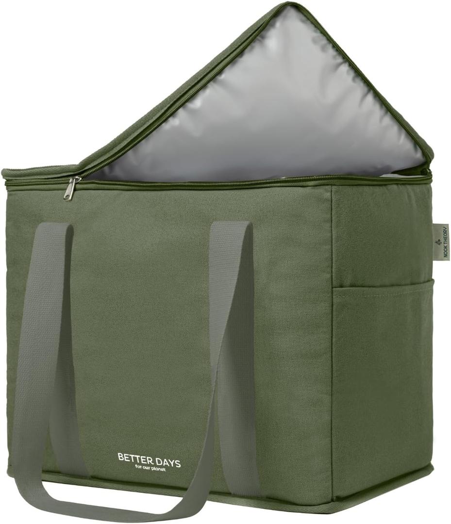 Nook Theory Reusable Insulated Grocery Bag - Leak Proof, X Large Insulated Cooler Bag - Insulated Shopping Bags for Groceries - Travel Cooler Bag for Frozen and Hot Food with Zippered Top (Forest)
