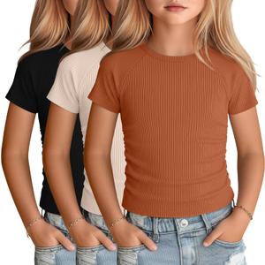 3 Pack Girls Short Sleeve Cute Shirts | Ribbed Knit, Crew Neck, Slim Fit, Summer, Basic, Soft, School Outfit, Trendy, Ages 5-14, Solid Colors, Versatile Styling