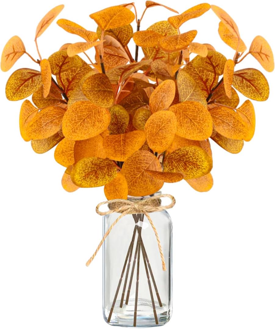 Fall Faux Eucalyptus Stems in Glass Vase 14.2" 6pcs Artificial Autumn Eucalyptus Branches with Vase Fall Home Table Decor Fake Fall Plants Stems for Farmhouse Kitchen Bathroom Decorations