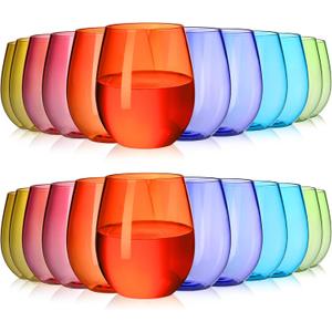 Gerrii 24 Pack 12oz Plastic Stemless Glasses Bulk Colored Reusable Shatterproof plastic cups for Indoor Outdoor Dining Supplies Party 6 Colors