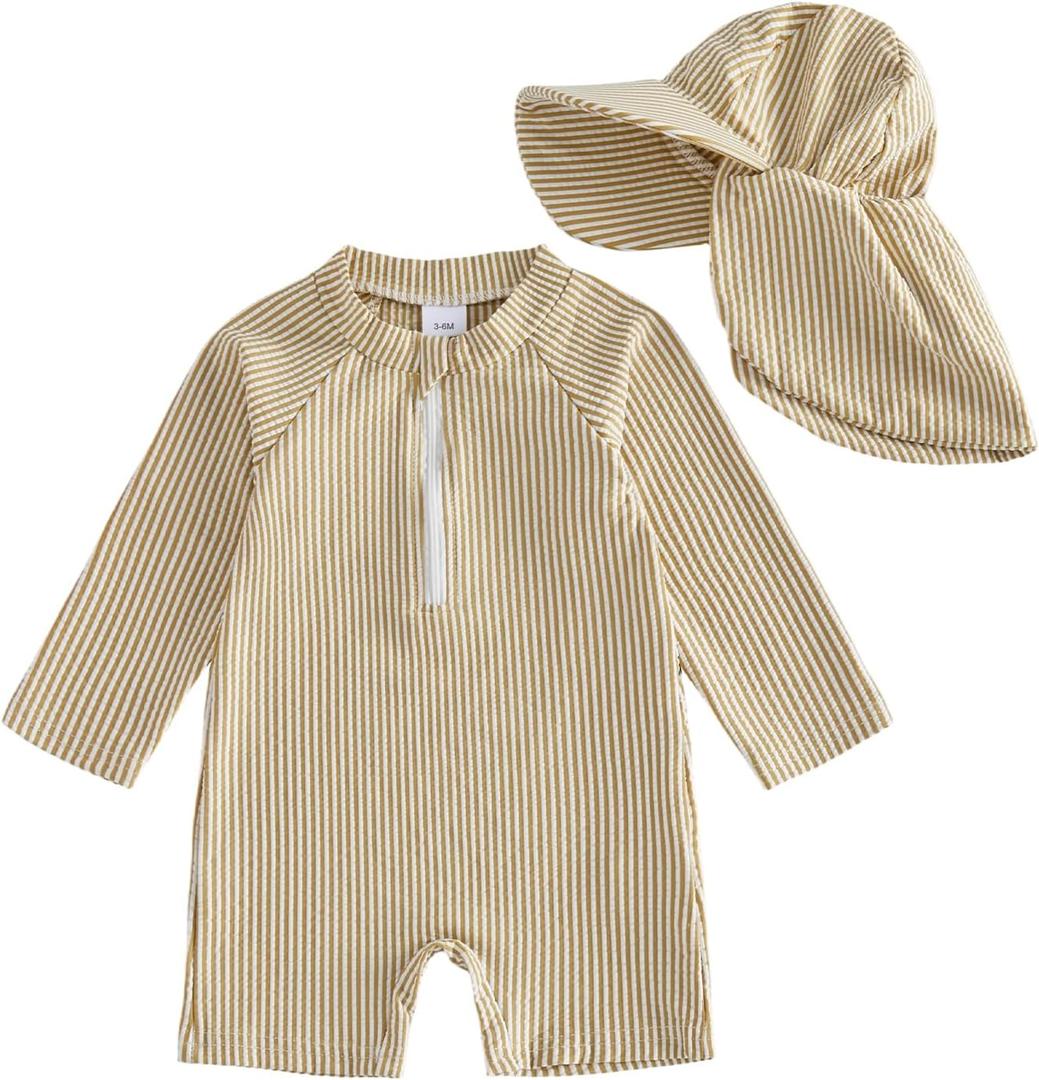 Baby Boys Girls Swimsuit One Piece Striped Zipper Bathing Suit Rash Guard Long Sleeve Seersucker Swimwear Sunsuit