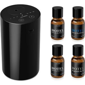 Airversa Waterless Essential Oil Diffuser Starter Kit with 4 x 10mL Hotel Scent Fragrance Oil, Battery Operated Mini Scent Air Machine Portable Diffuser for Home Car Office, AN8 Kit Black