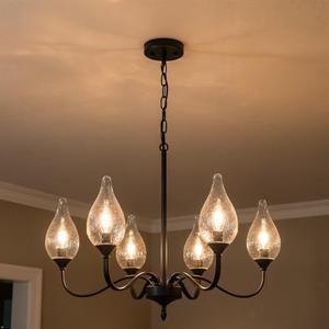 6-Light Farmhouse Black Chandelier 23.6 Inch - Rustic Industrial Iron Candle Hanging with Clear Glass Shades - Dining Room Lighting Fixture for Hallway, Living Room, Foyer, Bedroom, Kitchen Island