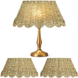 2Pcs Scalloped Lamp Shade, 12.6 x 6.3 in Wicker Lamp Shades Handmade Seagrass Woven Boho Lampshade Set, Rustic Table Lamp Shade for Home Nightstand Bedroom Deco