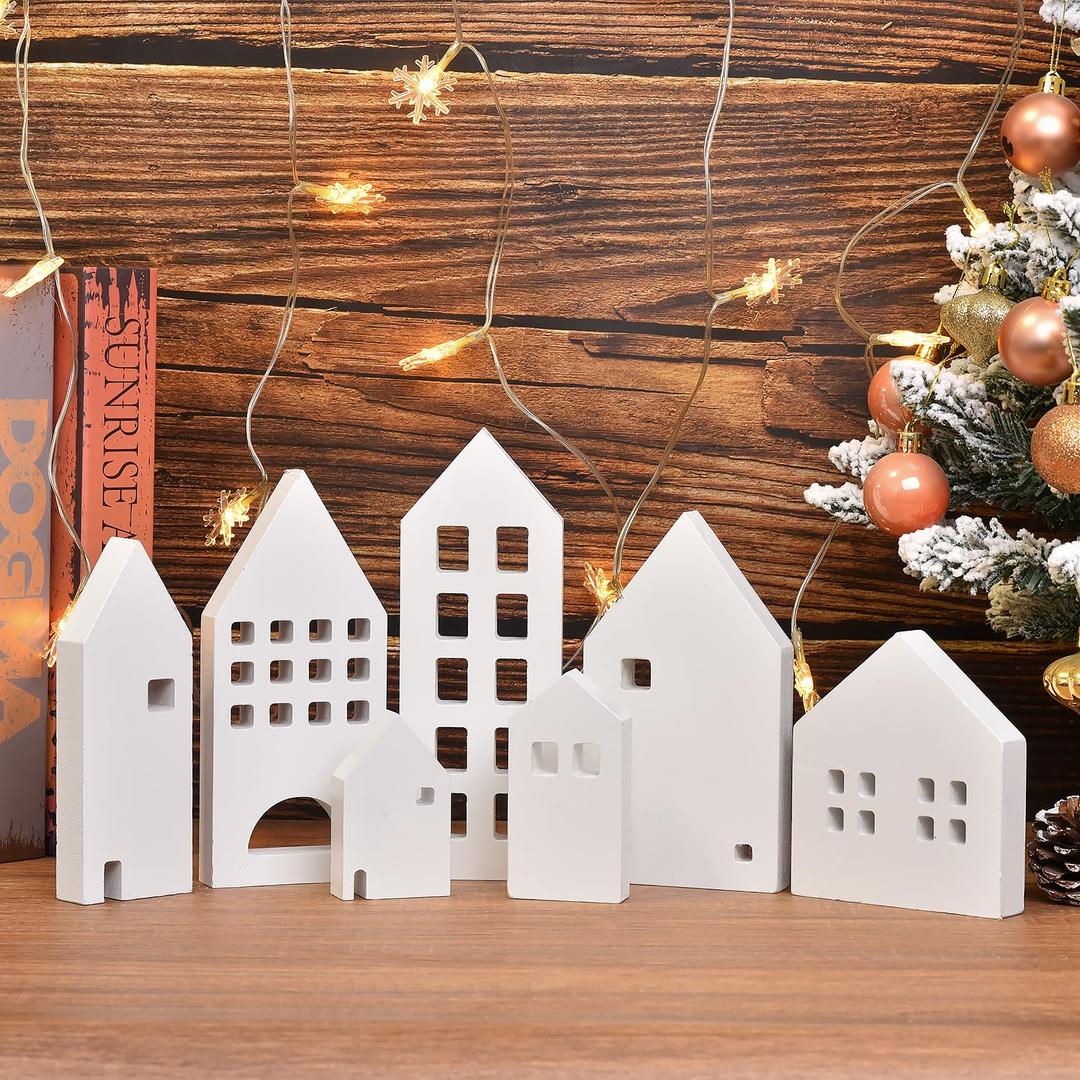 7Pcs Christmas Wooden House Shaped Decor: Rustic Wood House Tiered Tray Decor Fireplace Farmhouse Home Sign Christmas Party Home Decoration
