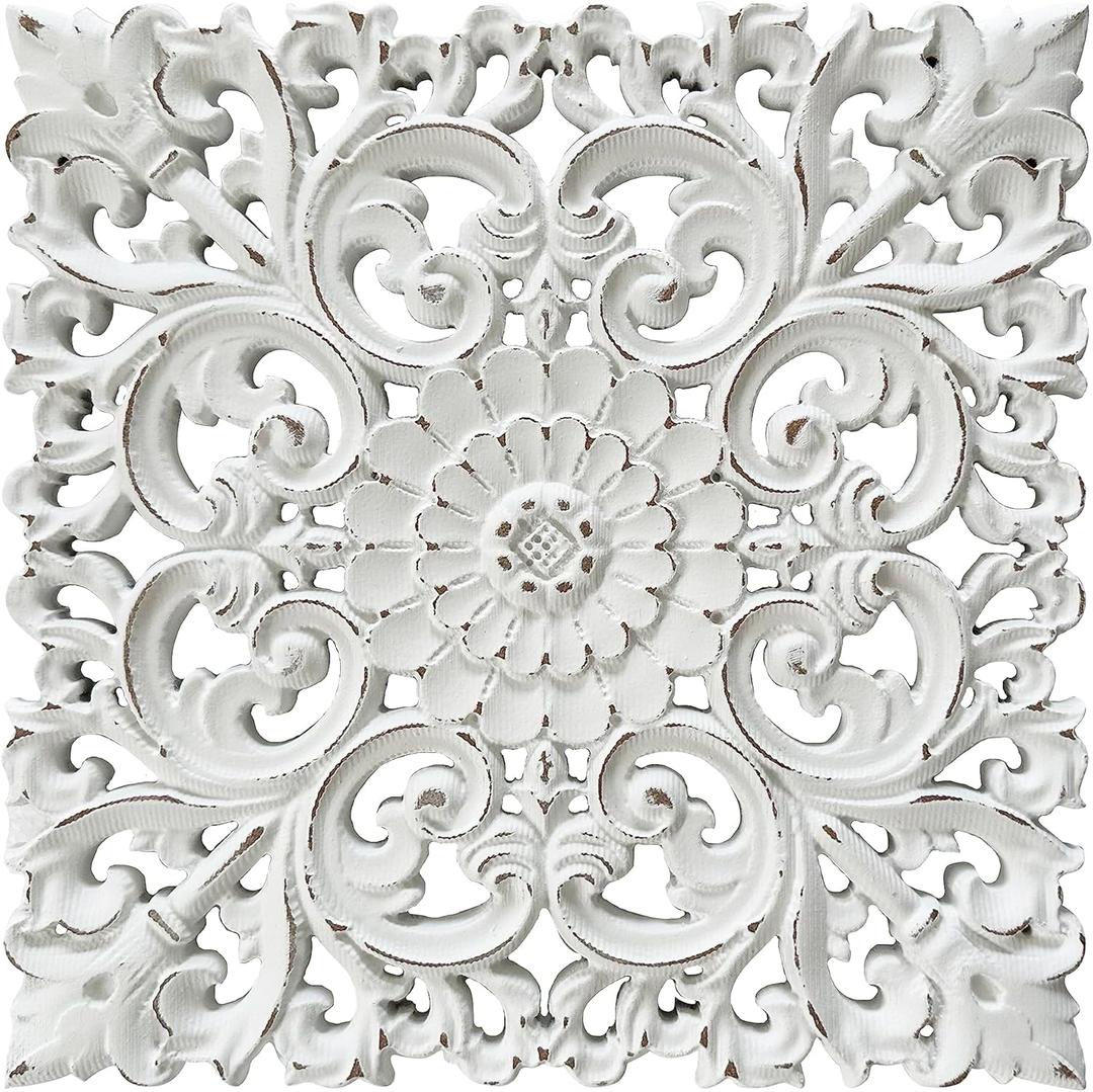 Musanpou Unique Hand Carved Wooden Wall Panels with Hanging Floral Decorations - Rustic Farmhouse Living Room and Bedroom Wall Decoration