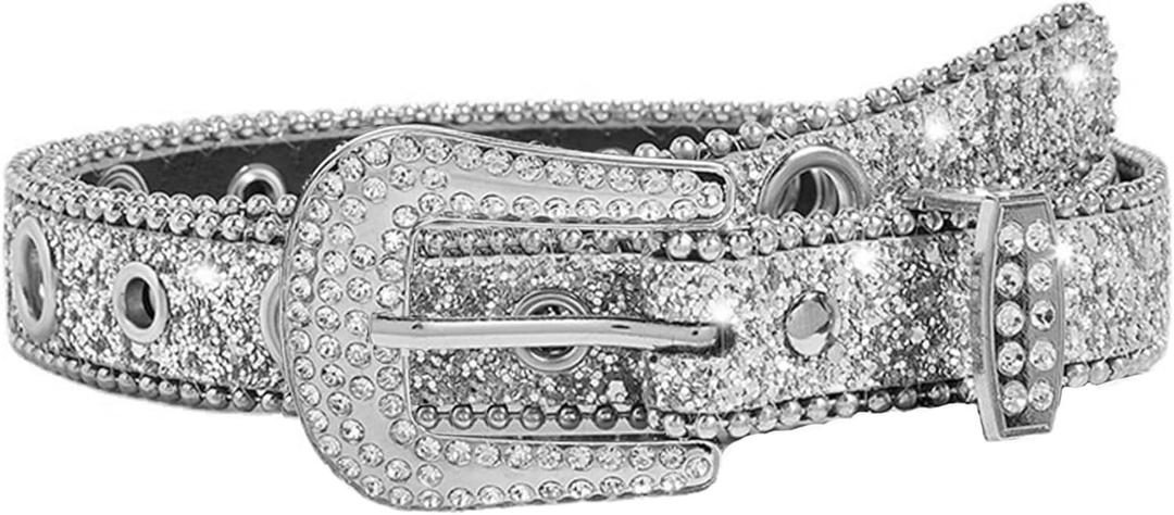 Women Men Rhinestone Belt Western Cowgirl Cowboy Bling Studded Leather Belt for Jeans Pants (suit for waist 27-39") (All-silver)