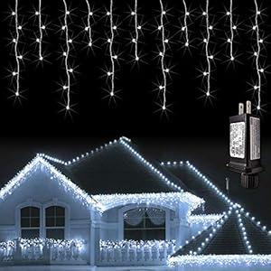 JMEXSUSS 38.8FT 400 LED Icicle Lights 8 Modes Waterproof Christmas Icicle Lights Outdoor with 80 Drops, 2 Pack Indoor Cool White Curtain Icicle Lights Plug in
