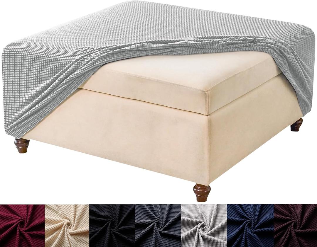 HFCNMY Stretch Square Ottoman Cover - Knitted Jacquard Ottoman Slipcover with Elastic Bottom - Light Gray X-Large