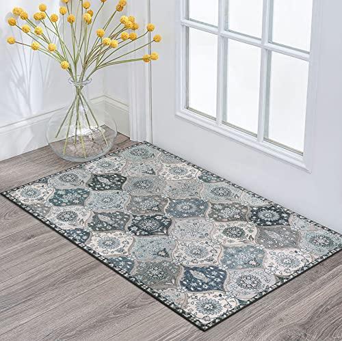 Lahome Moroccan Trellis Front Door Mat Indoor Entrance, 2x3 Rugs for Entryway Non-Slip Washable Indoor Door Mat, Oriental Accent Small Rug for Kitchen Bedroom Bathroom Elise, Blue