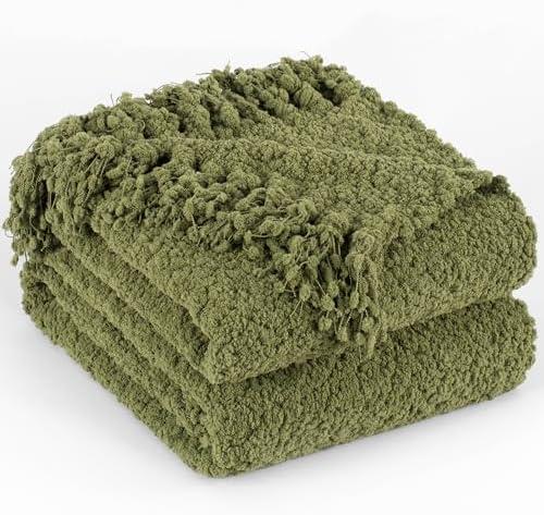 LONG CREATE Throw Blanket for Couch, Olive Green Luxury Knitted Throws 50"x60", Textured Blankets with Handmade Fringe Tassels for Bed Sofa Decorative, Chunky Soft Farmhouse Boho Home Decor