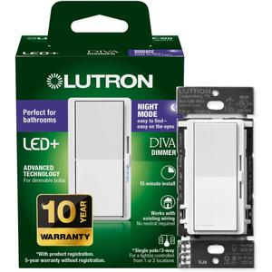 Lutron Diva LED+ Dimmer Switch with Night Mode for Bathrooms, Paddle Dimmer Switch for Dimmable LED Bulbs, UL Listed, Single-Pole/3-Way, No Neutral Wire Required, White (DVCLN-153PG-WH)