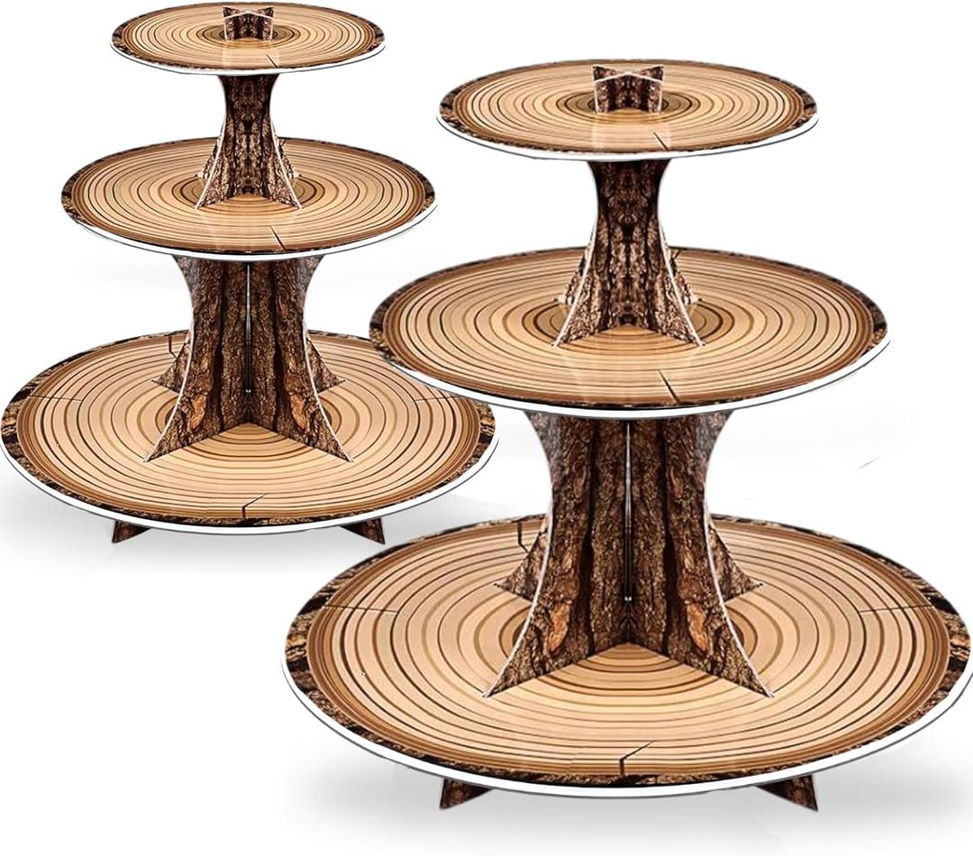Rustic Woodland Cupcake Stand Set, 2 Pack 3-Tier Dessert Tower for Safari Birthday, Baby Shower, Camping & Woodland Party Decor