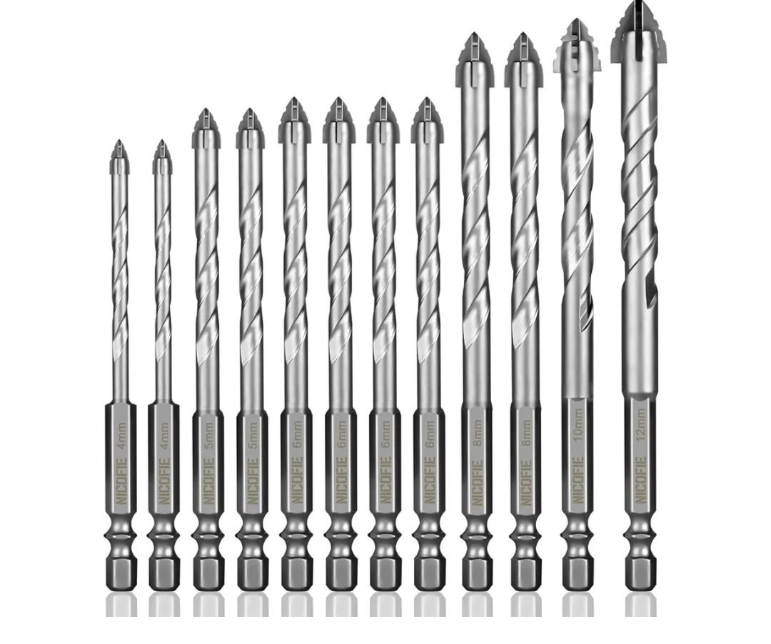 12 Pcs Concrete Carbide Drill Bits Set Hex Shank Masonry Cement Tile Drill Bit Set Hex Shank for Glass/Brick/Plastic/Wood/Procelain/Aluminium/Tile 5/32"-1/2"