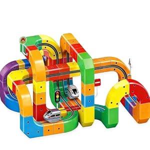 Magnetic Train Track Set, DIY Race Car Track Electric Train Set Building Toy Train Track Gravity-Defying STEM Learning Fun Gift (81)