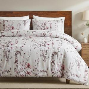 Bedorm Floral Comforter Set Queen 100% Cotton Bedding Pink White Flower Branches Botanical Comforter Extra Soft Cozy Year-Round Comfort Bedding Comforter Set 3 Pcs