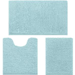 HOMEIDEAS 3 Pieces Bathroom Rugs, Ultra Soft Non Slip Absorbent Chenille Toilet Bath Mat Set (Light Blue) (1'8" x 2'8" (17"x24"+20"x32"+U Shape 20"x24"))