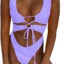 CHYRII Women's Sexy Cutout Lace Up Backless High Cut One Piece Swimsuit Monokini (Large, Lavender)